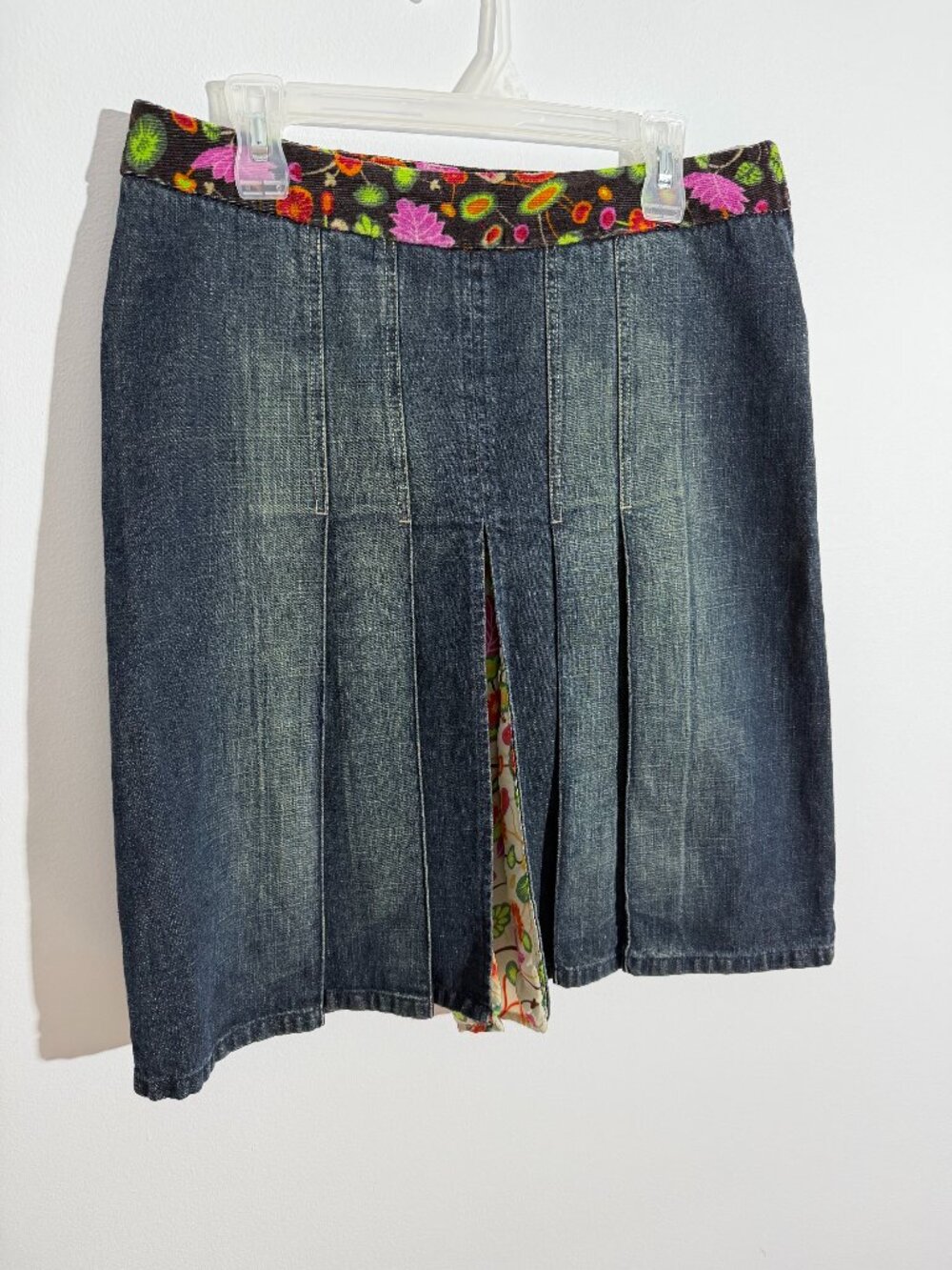 Killah Y2K Pleated Distressed Denim Skirt Floral Waistband